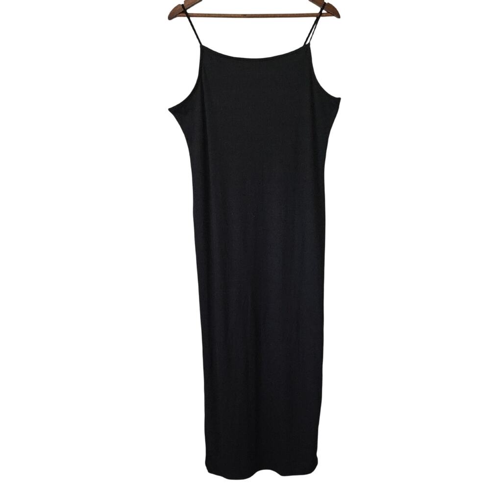 Womens Sz XXL Black Ribbed Spaghetti Strap Side Slit Stretchy Y2K  Maxi Dress
